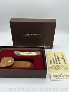 Schrade Pony Express Commemorative Scrimshaw Lockback Knife & Pouch in Box 