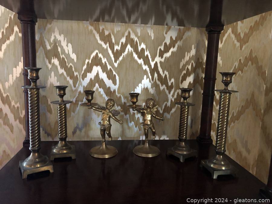 Set Of 6 Arts & Crafts Twist Brass Candlesticks