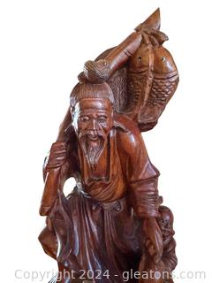 Vintage Wood Carved Chinese Fisherman Statue