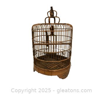 Gorgeous Large Domed Bamboo Bird Cage Carved Asian Motif 27" All Intact Vintage 1930s 