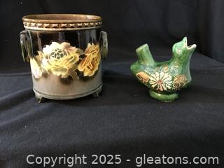 Vintage Czech Footed Art Pottery and Romania Dog Whistle 