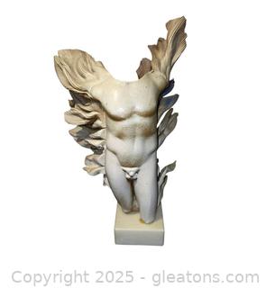 Winged Male Torso Statue, Set to a White Alabaster Plinth