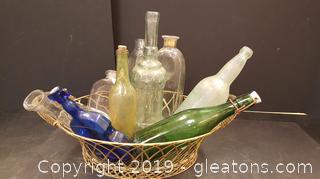 Lot Of Vintage Bottles With Wire Gold Basket