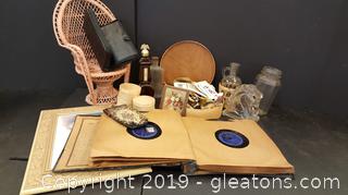 Lot Of Vintage Records In Book, Picture, Old Bottles, Doll Wicker Chair, Box Of Knives, Etc.