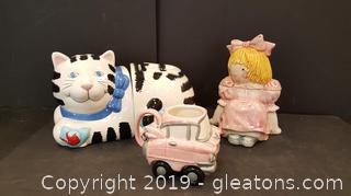 Nice Ceramic Glazed Cat Two Part Cookie Jar, Doll Cookie Jar, Vintage Car On Rolling Wheels