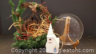 Lot Of Christmas Decor, Large Platter, Ceramic House, (2) Wreath/(1) Has Lights And Nativity Scene