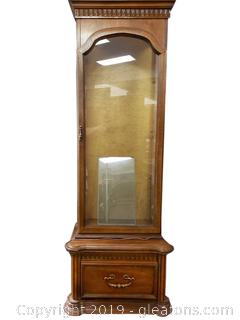 Classic Vintage Manor Pier Curio Cabinet With Bottom Drawer And 160's Lit, Ornate Detail/Glass Shelves