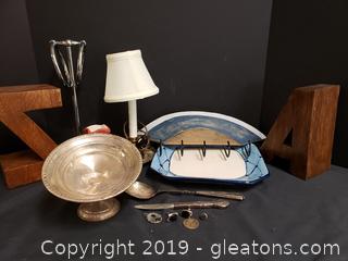 Box Lot Of Brass Table Lamp/Gail Pittman Platter, Small Vase, Sterling Scrap Lot, Nautical Key Holder