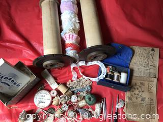 Vintage textile spools, tatting shuttle,sewing kit,lace, the home pattern co. Embroidery stitches