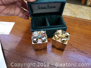 Godinger VIntage In original Box Neiman Marcus Silver Gold Bow Box Salt And pepper Shakers