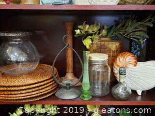 Shelf Lot Of Home Decor Including Vintage Shell Planter Stamped F.F./Wicker Charger Plates