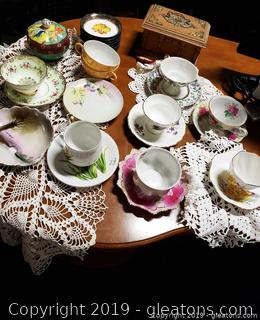 Vintage Lot Of Charming Dollie's/Tea Cups And Saucers/Wooden Box Brass Details Fruit/Silver Coasters