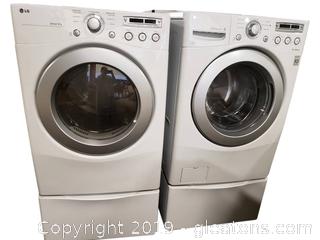 LG Washer/(Like New) Dryer Front Load/With Pedestal Bases White/Sensor Dry/Inverter Direct Drive Washer