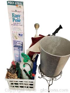 Lot Of Gardening Tools, Gloves, Birdhouse, Metal Aluminum Trash Can, Plant Stand, Large Umbrella