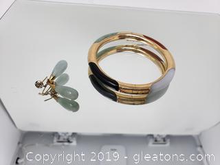 Lovely Estate Onyx Jude Tiger Eye And Carnelian Oriental Bangle 14k Yellow Gold Handmade Bangle With Tear Drop Jade Earrings