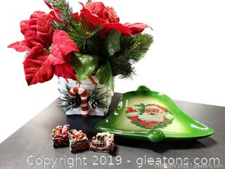 Lot 12 Handmade/Glazed Santa/Belltray Basket Of Christmas Arrangement And Mini Train Figurines