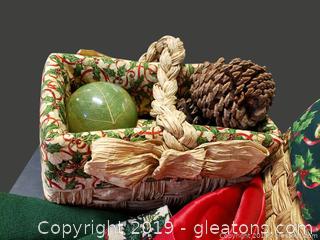 Lot 14 Very Nice Christmas Lot (2) Handmade Paper Like Baskets Tree Skirt And Table Runner