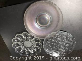 Lot 13 Lot Of Glassware Christmas Poinsettia Egg Tray And iridescent Glass Bowl Basket Like Tray