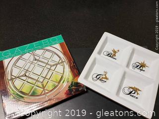 Lot 14 Gazebo Indiana Glass (5) Part Relish Tray And Christmas (4) Part St. Nicholas Square