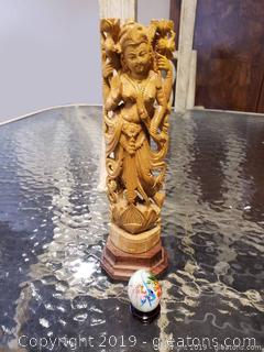 White Japan Humming Bird Design Glass Egg With Base "Mini" And Hand Carved Wooden Asian Statue