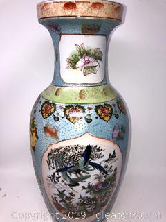 Oriental Hand Painted Tall Vase With Pastel Floral And Greenery With Birds And Heart Motiff