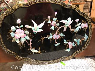 Vintage Oriental Hand Carved Asian Wall Hanging Art Of Birds On Black Painted Wood With Gold Trim