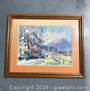 Watercolor Like Artwork of a Town With Mountain Vibrant Colors With Original Matte and Frame
