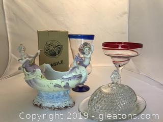 Depression glass diamond cut butter dish, dragon boat with cherub and lady , Bubba Gump glass