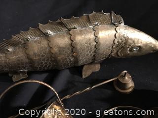 11” brass jointed fish with blue glass eye, candle snuffed, 3 little baskets and vintage incense burner
