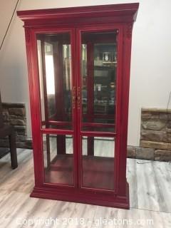 Red Stained China/Curio Cabinet W (4) Glass Shelves With Top Holes For Lighting To Be Added