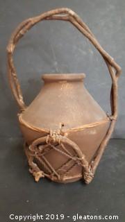 Vintage Handmade Rope/Vine Clay Vase With Handle 