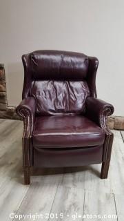 Dark Maroon Wingback Genuine Leather Recliner With Brass Bottom Detail