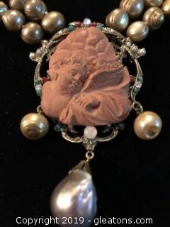 High End Terra Cotta, fuax pearl, pendant necklace.