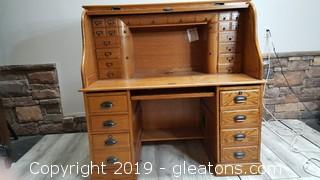Nice Large Oak Roll Top Desk Keyboard Tray And Computer Hard Drive Tower Cabinet 