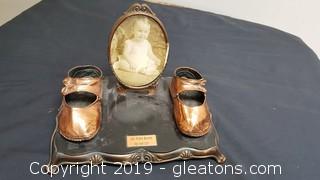 Vintage Bronze Plated Old Baby Shoes With Oval Frame