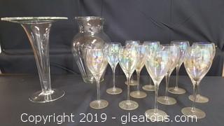 Lot Of Glassware (11) Vintage Wine Goblets With Iridescent Glass (2) Large Vases 