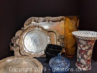 Box Lot Silver Trays Vases Bowls Candy Dish