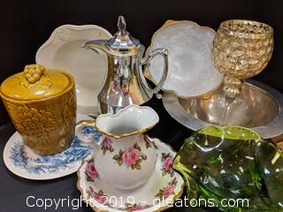 Box Lot Silver Bowl China Pitcher + Bowl