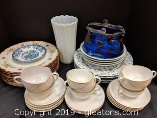 Box Lot Blue Vase + Dishes 