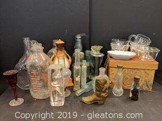 Box Lot Misc Old Bottles & Assorted Glassware Boot, Box, Vase