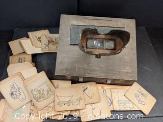 Box Lot Possible Antique Authentic Eye Correction Device W/Huge Set of Cards/Pictures 