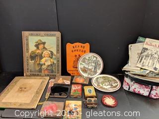 Box Lot Vintage Tobacco Cans, Spectacles, Scrapbooks, Plates, Maps Letters & More 