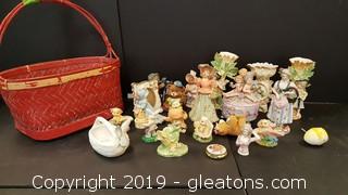 Lot of Vintage Glass/Porcelain Figurines in Basket