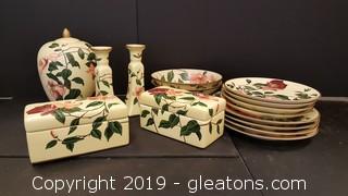 Set of Decorative Matching Rose Pattern "New" Home Decorative Plates, Vases Candle Sticks