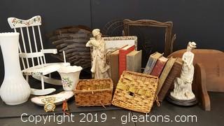 Large Lot of Vintage Boxes, White Milk Glass Large Vace, Wire Swan, Victorian Figurines, Vintage Cigar Box