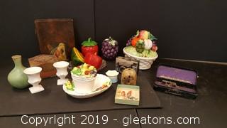 Lot of Vintage Fruit Decor, Metal Attachments Greist Sewing Machine, Vintage Camera, Vaces, Wood Bible Box