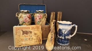 Lot of Vintage Vanity Box, Old Boot/Shoes, Vintage Book, (2) Nice Vintage Rose Patter Vaces Made in England Blue White Pitcher Hand Painted