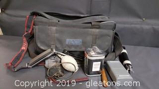 Lot of Vintage Camera Accessories Battery/Case, Small Tripod Flash Bracket Film Safe, Air Cleaner